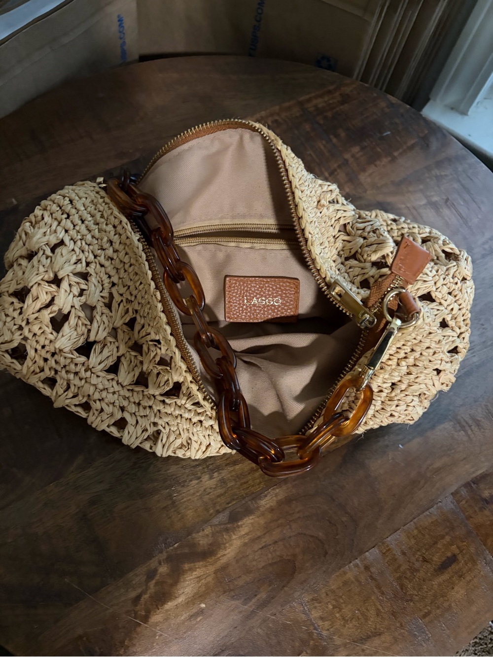 Laggo Woven Raffia Shoulder Bag with Tortoise-Shell Acrylic Chain